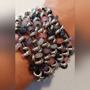 Uno de 50 Sterling Silver, Pastel Glass Bead & Leather Cuff Bracelet